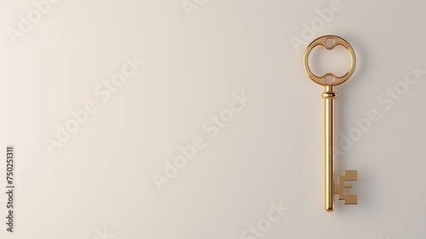 Fototapeta Golden key with circular bow isolated on a plain background