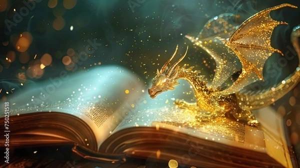 Fototapeta Magic book with fantasy dragon flying around concept wallpaper background