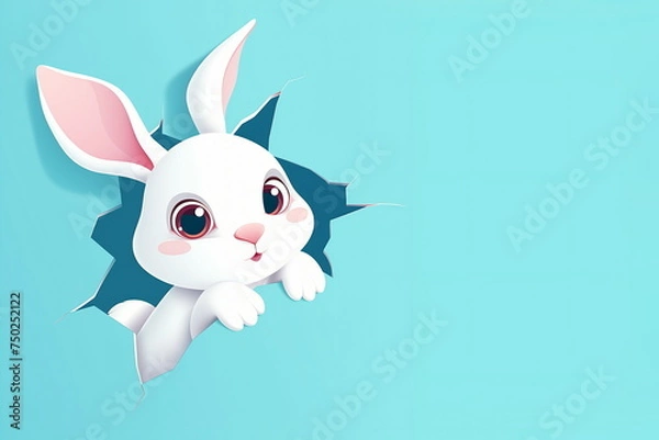 Fototapeta Cute cartoon white rabbit peeking out from a hole of the blue wall. Easter concept. Copy space.