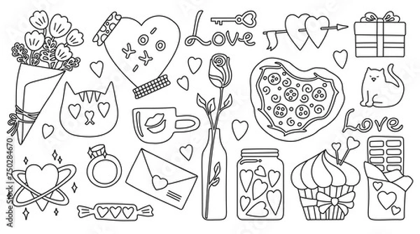 Fototapeta Valentines Day set with gift and other romantic elements, doodle vector on white background. Linear present, flower bouquet, rose cupcake pizza, candy and mail. Cute love concept graphic illustration