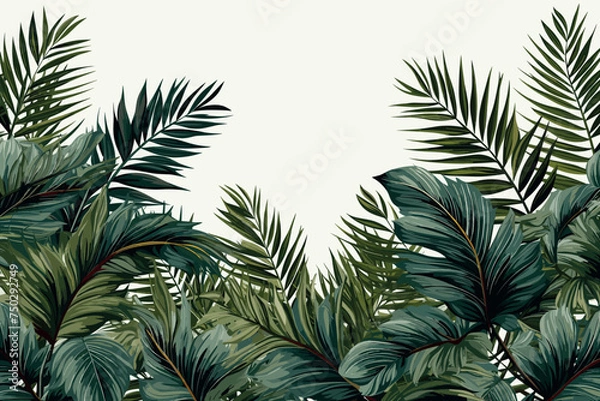 Fototapeta green palm leaf branches on white background. flat lay, top view