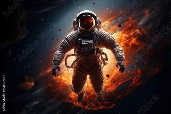 Obraz Astronaut space suit performing extra cosmic activity space against stars and planets background.