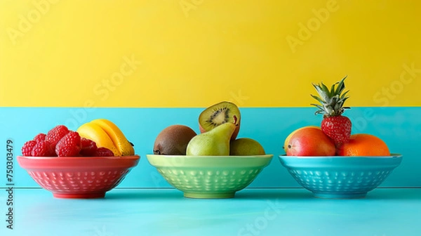 Fototapeta fruit bowls featuring fruits arranged against colorful backgrounds - AI Generated
