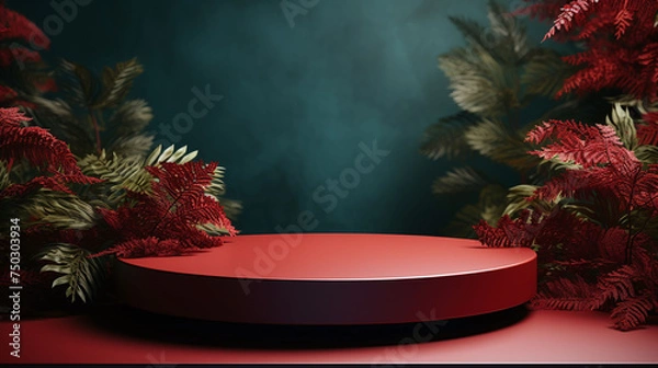 Fototapeta An empty base pedestal for a commercial product display, nature of leaves on a dark blue background.