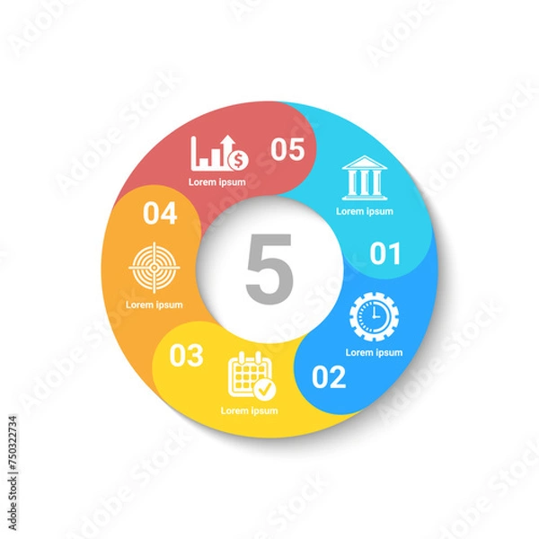 Obraz Circle business infographic template with 5 steps or options. The concept can be used for diagram, graph, chart, business presentation or web. Vector design element illustration.