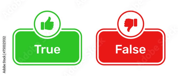 Obraz Like and Dislike symbols with True and False buttons in green and red. True False icons with thumbs up and thumbs down symbols. Check box icon with thumbs up and down symbol with true false buttons.