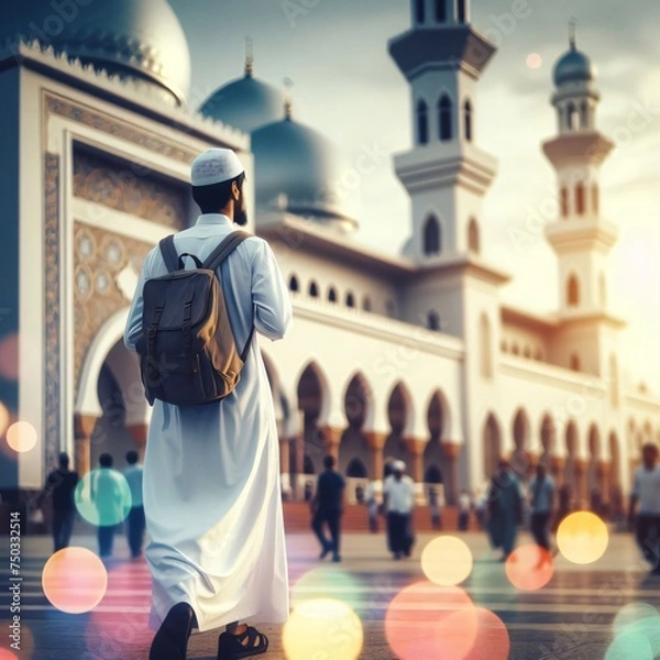 Fototapeta Muslim man walking in front of the mosque. eid fitr, religion, travel and Ramadan Kareem background concept.
