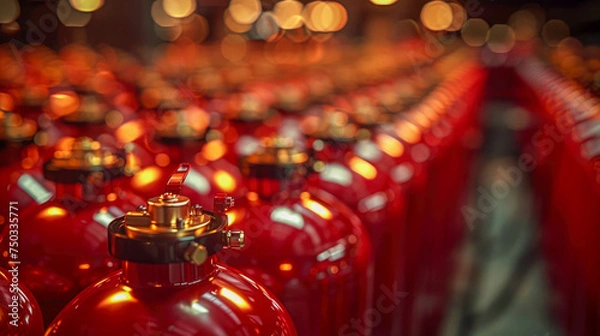 Fototapeta Red fire extinguishers in a row with bokeh background