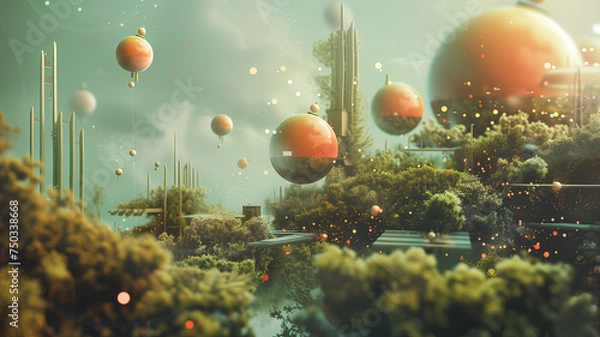 Fototapeta Surreal Floating Spheres in a Futuristic Garden
. A serene, fantastical landscape with floating spherical orbs among lush greenery and futuristic architecture under a soft, glowing light.
