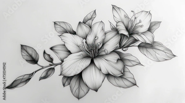 Fototapeta  a black and white drawing of a flower with leaves on the side of the flower and a branch with leaves on the other side of the flower, on a white background.