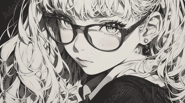 Fototapeta アニメ系イラスト眼鏡女性,Generative AI AI画像