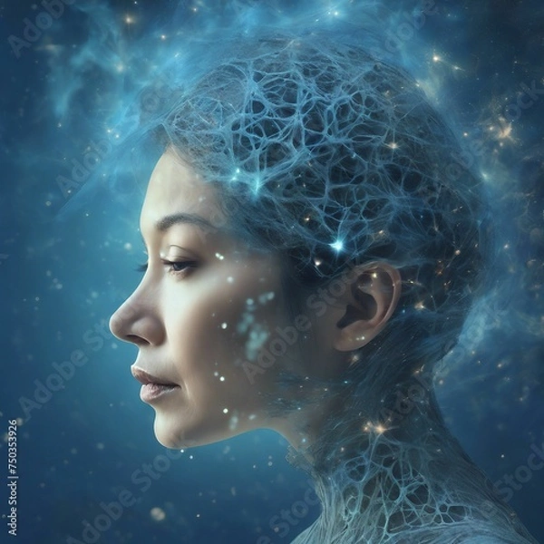Fototapeta Cosmic Dreams: Woman's Head with Fractal Space Texture on Blue Background