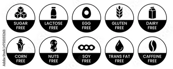 Obraz Set allergen free icons. Allergen free products. Products warning symbols. Lactose free, gluten free, sugar free, corn free, egg free, trans fat free, soy free, nuts free, coffeine free sign.