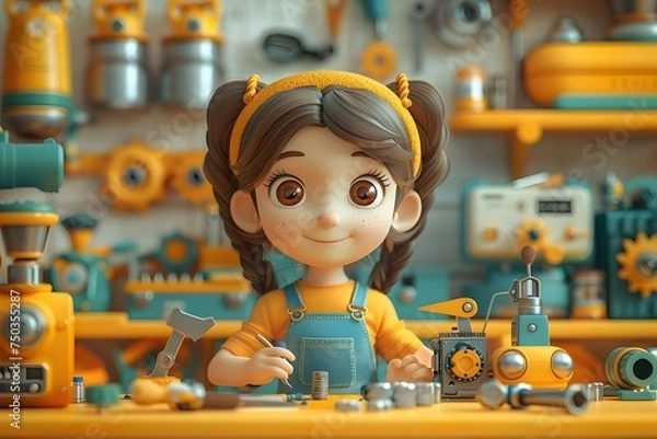 Fototapeta Cartoon Girl Working in a 3D Rendered Workshop