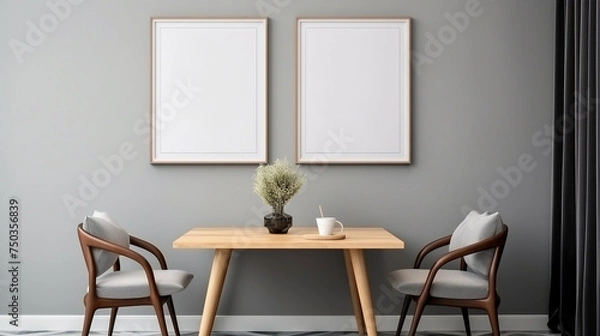 Fototapeta Grey eating room interior with decoration and dining table mockup frame