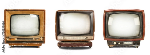 Fototapeta Set of  Classic old Televisions with transparent screen. Retro vintage TVs Replaceable screen cutout Display PNG