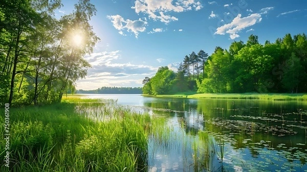 Obraz picturesque landscape with green trees and a lake on a sunny day