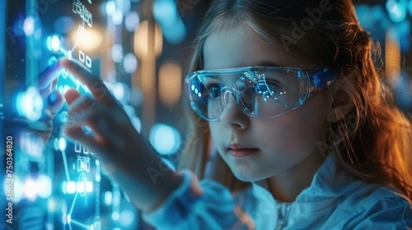 Fototapeta A cute smart girl in glasses holds an invisible virtual reality smartphone in her hand in a science classroom.
