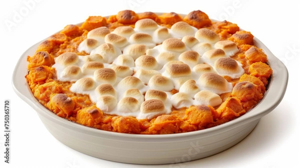 Fototapeta Sweet potato casserole with marshmallow filling, soulful dish, side view on a white background