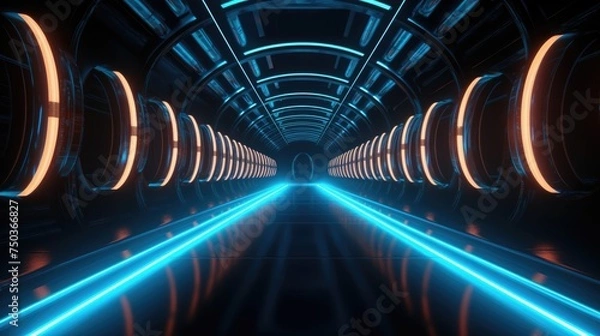 Fototapeta Sci-Fi corridor Futuristic neon glowing light interior in a dark tunnel Reflections. Vibrant 3D rendering of an underground corridor adorned with radiant lights