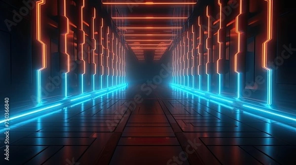 Fototapeta Sci-Fi corridor Futuristic neon glowing light interior in a dark tunnel Reflections. Vibrant 3D rendering of an underground corridor adorned with radiant lights
