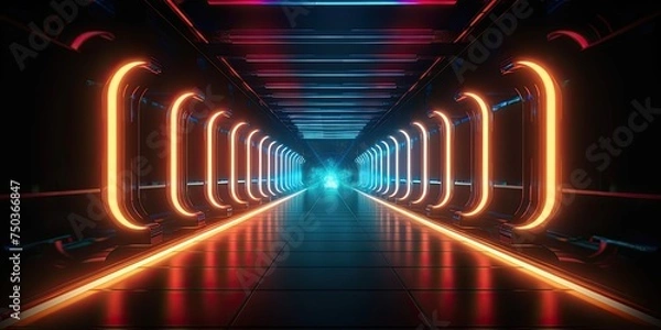 Fototapeta Sci-Fi corridor Futuristic neon glowing light interior in a dark tunnel Reflections. Vibrant 3D rendering of an underground corridor adorned with radiant lights