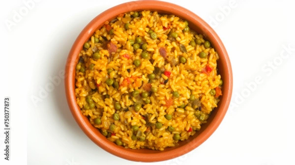 Fototapeta Arroz con Gandules, Puerto Rican rice with pigeon peas, hints of green and red, top-down view isolated on white background. Caribbean cuisine concept. Design for recipe blog, cultural food guide, and 
