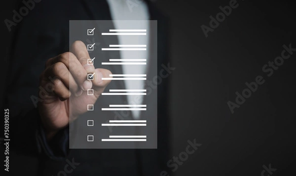Fototapeta Business performance checklist, businessman doing online checklist survey, take an assessment, questionnaire, evaluation, online survey, filling out digital form checklist, online exam.
