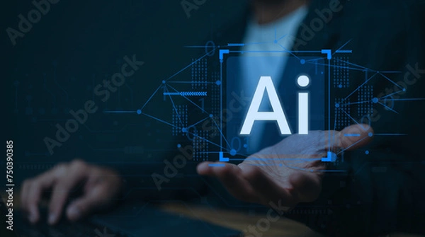 Fototapeta Technology and people concept man use AI to help work, AI Learning and Artificial Intelligence Concept. Business, modern technology, internet and networking concept. AI technology in everyday life.