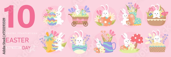Fototapeta Happy Easter Set. designs for spring holidays. Cute congratulations with painted easter eggs, rabbits, bunnies, festive cakes. Colored flat vector illustrations
