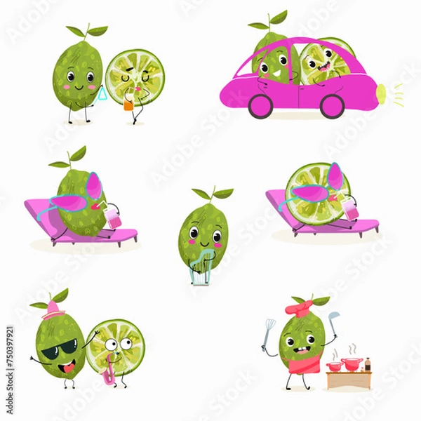 Fototapeta Cute cartoon limes characters set, collection. Flat vector illustration. Activities, playing musical instruments, sports, funny fruits.