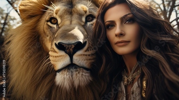 Fototapeta Woman taking a selfie in embrace with lion, connection between humans and wildlife, person embracing a predator