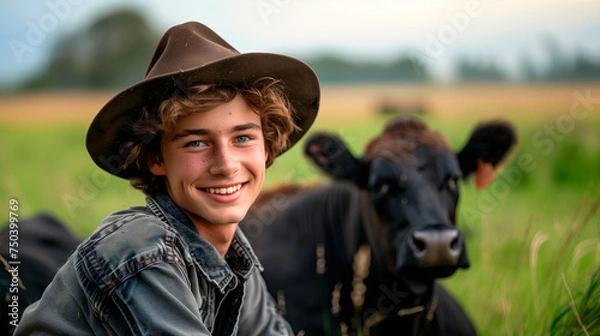Fototapeta portrait of a farmer with cattles in the background, standing on a pasture