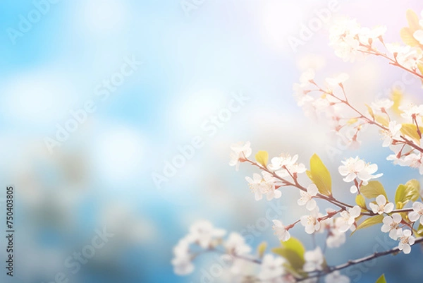 Fototapeta Sky of pure serenity, blooming with springtime beauty, This dreamy background features soft, blurred sunshine against a vibrant blue canvas