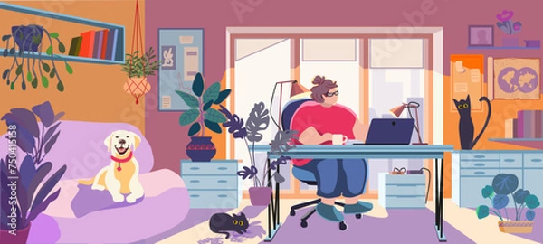 Fototapeta Fat woman working on a laptop while sitting at the table in a cozy interior. Dog and cat. Pet friendly. Adult or young programmer guy wearing casual plus size wear. Vector illustration