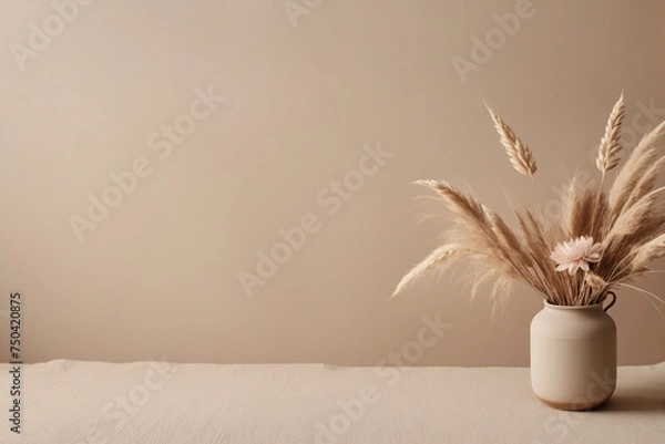 Fototapeta Boho style background with neutral pastel color style and natural floral elements. Aesthetic minimalism design for social media content. Simple beige chic elements