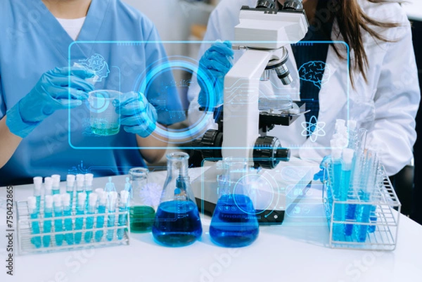 Fototapeta Scientist team with tablet and laptop, laboratory and ecofriendly science. Agriculture, research and scientists with online reading, test samples