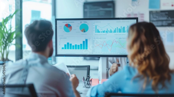 Fototapeta Office workers looking at  business data analysis on screen