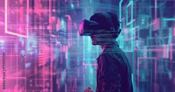 Fototapeta A man with VR headset displaying futuristic interface screens. Concept of Virtual Reality and Spatial Computing.