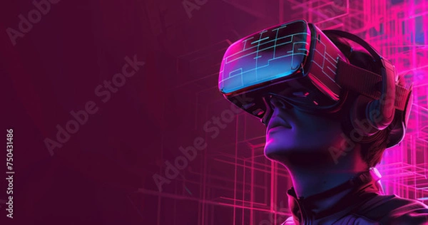 Obraz A man with VR headset displaying futuristic interface screens. Concept of Virtual Reality and Spatial Computing.