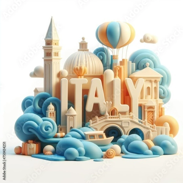 Fototapeta Italy 3D Text and Venice Landscape. Soft shapes 3D illustration with delicate pastel colors.
