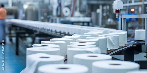 Fototapeta Production of toilet paper at the factory. Conveyor belt with products, new technology.
