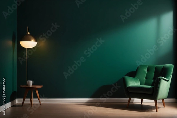 Fototapeta Living room with green armchair on empty dark green wall background