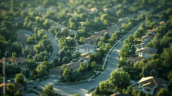 Fototapeta Aerial view of a suburban neighborhood with residential houses, roads, trees, and shadows casting soft glows on rooftops during sunset, creating a peaceful community atmosphere.