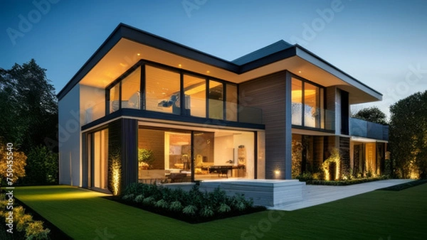 Fototapeta 3d rendering of modern cozy house with pool and parking for sale or rent in luxurious style and beautiful landscaping on background. Clear summer night with many stars on the sky.
