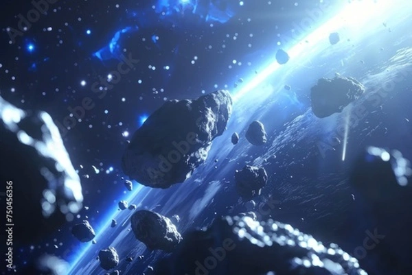 Fototapeta A group of rocks floating in outer space. Suitable for science fiction or space exploration concepts