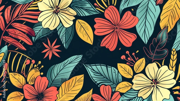 Fototapeta Vibrant botanical doodle background with a variety of flowers and leaves in a vector set