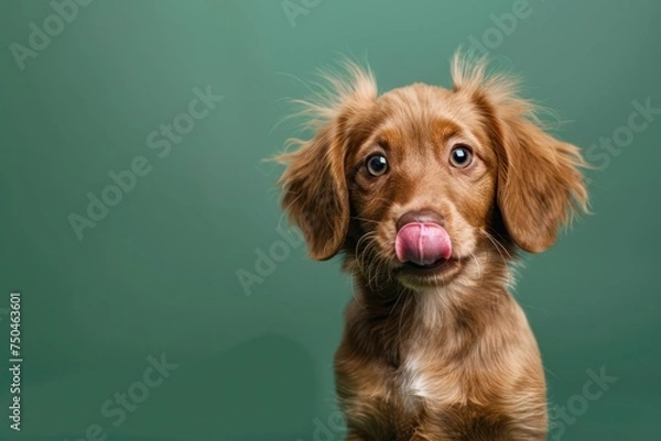 Fototapeta Portrait cute puppy dog licking its lips looking at camera. Isolated on green background 