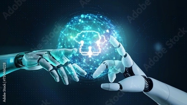 Fototapeta Futuristic society intelligent robot artificial intelligence humans AI technology coexist peacefully