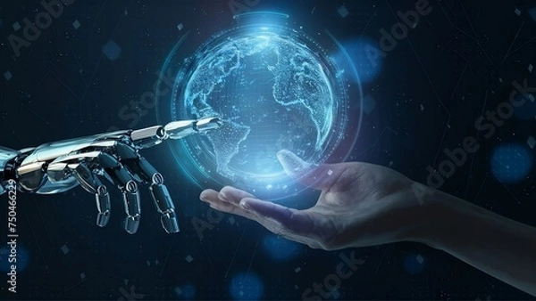 Obraz Futuristic society intelligent robot artificial intelligence humans AI technology coexist peacefully